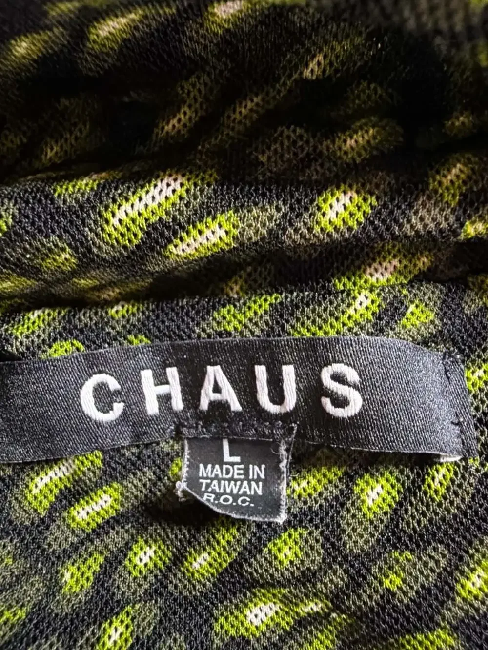 Chaus Green and Black Abstract Animal Print Mesh Mock Neck Ruched Top